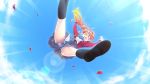  1girl akahito_tamao clouds cloudy_sky falling from_below game_cg hello_lady multicolored_hair open_mouth panties pantyshot ponytail saeki_hokuto shoes skirt sky solo striped striped_panties underwear yellow_eyes 