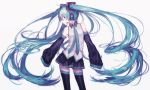  1girl absurdres aqua_eyes aqua_hair detached_sleeves floating_hair hatsune_miku headset highres kstaisa long_hair necktie skirt sleeves_past_wrists solo thigh-highs twintails very_long_hair vocaloid white_background 