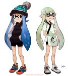  2girls arms_behind_back beanie bespectacled bike_shorts blue_hair colo_(nagrolaz) fang full_body glasses green_eyes green_hair hands_in_pockets hat inkling jacket japanese_clothes kimono long_hair looking_at_viewer multiple_girls pointy_ears shoes sneakers splatoon tentacle_hair twintails white-framed_glasses yukata 