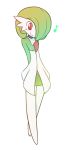  alternate_costume arms_behind_back blush commentary gardevoir green_hair highres musical_note no_humans pokemon rakkuguy red_eyes simple_background smile solo standing white_background 
