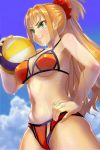  1girl bikini breasts clouds cowboy_shot green_eyes hand_on_hip high_ponytail hino_akane_(idolmaster) houen idolmaster idolmaster_cinderella_girls large_breasts long_hair orange_hair scrunchie sky smirk solo swimsuit toned volleyball 
