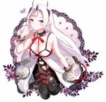  1girl babydoll boba breasts choker cleavage closers heart horns large_breasts lavender_hair levia_(closers) long_hair looking_at_viewer ofuda pants pointy_ears red_ribbon ribbon ribbon-trim smile solo spaghetti_strap sparkle violet_eyes 