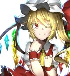  1girl ascot asymmetrical_wings blonde_hair colored_eyelashes dress flandre_scarlet one_eye_closed peach_camellia puffy_short_sleeves puffy_sleeves red_dress red_eyes ribbon shirt short_hair short_sleeves side_ponytail smile solo touhou white_shirt wings wrist_cuffs 