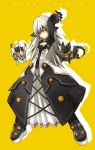  1girl arm_up black_boots black_dress black_gloves boots code:_exotic_(elsword) dress elsword eve_(elsword) expressionless forehead_jewel gloves highres long_hair official_art ress solo white_hair yellow_background yellow_eyes 