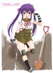  1girl choker ebisuzawa_kurumi fingerless_gloves gakkou_gurashi! gloves highres hiro1984 knee_pads long_hair open_mouth pink_eyes purple_hair school_uniform shovel skirt smile solo twintails worktool 