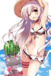  1girl adapted_costume amatsukaze_(kantai_collection) armpits bikini brown_eyes food fruit fuuna highres innertube kantai_collection long_hair one_eye_closed open_mouth rensouhou-kun silver_hair smile solo striped swimsuit two_side_up watermelon 