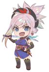  1girl :d big_head blue_eyes breasts bright_pupils chibi comiket_95 commentary_request dot_nose dual_wielding eyebrows_visible_through_hair eyelashes eyes_visible_through_hair fate/grand_order fate_(series) floral_print full_body highres holding kujuu_shikuro looking_at_viewer miyamoto_musashi_(fate/grand_order) obi open_mouth over_shoulder print_sash ringed_eyes sash shiny shiny_hair simple_background smile solo standing sword sword_over_shoulder v-shaped_eyebrows weapon weapon_over_shoulder white_background 