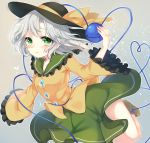  1girl bow green_eyes hat hat_bow heart heart_of_string highres komeiji_koishi long_sleeves looking_at_viewer paragasu_(parags112) shirt silver_hair skirt smile solo third_eye touhou wide_sleeves 