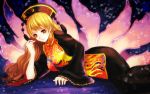  1girl black_dress blonde_hair chinese_clothes crescent_moon dress fox_tail hat junko_(touhou) long_hair long_sleeves looking_at_viewer lying moon multiple_tails natsume_k on_side red_eyes sash smile solo tabard tail touhou wide_sleeves 