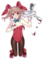  1girl animal_ears bottle bowtie brown_hair bunnysuit detached_collar double_bun failure_penguin green_eyes kantai_collection long_hair michishio_(kantai_collection) miss_cloud pantyhose rabbit_ears spill tanuma_(tyny) tray twintails wineglass wrist_cuffs 