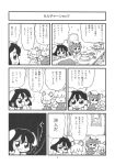  5girls absurdres animal_ears bkub cake cat_ears cat_tail chen chicken_(food) comic food fork handshake hat highres inaba_tewi mob_cap monochrome mouse_ears mouse_tail multiple_girls nazrin rabbit_ears scan simple_background spoon stomach_growling sweat tail touhou translation_request turn_pale 