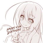  1girl blush happy_birthday lethe-shion long_hair monochrome party_popper simple_background smile solo white_background 