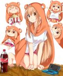  1girl :d all_fours animal_costume artist_request bare_legs barefoot blonde_hair blush brown_eyes chibi doma_umaru dual_persona eating hamster_costume handheld_game_console himouto!_umaru-chan hood long_hair looking_at_viewer nintendo_3ds open_mouth smile soda_bottle solo 