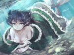  1girl aqua_eyes bikini_top blue_hair breasts cleavage collarbone commentary_request curly_hair dress fish frills head_fins highres japanese_clothes kimono long_sleeves looking_at_viewer mermaid monster_girl nail_polish smile solo touhou underwater wakasagihime wataichi_meko 