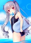  1girl amashiro_natsuki ass blue_sky flat_chest hair_ribbon highres long_hair looking_at_viewer original pink_eyes popsicle ribbon school_swimsuit silver_hair sky solo swimsuit twintails very_long_hair water wet_hair 