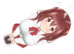  1girl blush breasts ebina_nana from_above highres himouto!_umaru-chan kyounami large_breasts long_hair looking_at_viewer looking_up red_eyes redhead school_uniform shirt simple_background skirt smoke solo twintails wavy_mouth white_background 