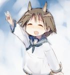  1girl :d ^_^ animal_ears blush brown_hair child closed_eyes dog_ears dog_tail hashigo long_sleeves lowres miyafuji_yoshika nose_blush open_mouth sailor_dress short_hair smile solo strike_witches tail v younger 