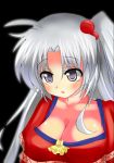  1girl breasts cleavage eyebrows_visible_through_hair grey_eyes hair_bobbles hair_ornament long_hair open_mouth shinki side_ponytail silver_hair solo spisanji touhou touhou_(pc-98) 