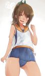 1girl :d @_@ blush brown_hair covered_navel i-401_(kantai_collection) kantai_collection looking_at_viewer one-piece_swimsuit open_mouth ponytail roll_okashi sailor_collar simple_background smile solo swimsuit tan white_background zipper 