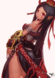  1girl :o armlet backlighting black_hair bypos corset dark_skin dress earrings facial_mark hat highres horn jewelry long_hair looking_at_viewer looking_back oni original pointy_ears red_eyes rope scabbard sheath shimenawa side_slit signature simple_background sleeveless sleeveless_dress sword vambraces weapon white_background 