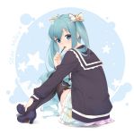  1girl aqua_eyes aqua_hair character_name eating ello hatsune_miku high_heels long_hair looking_back open_mouth pocky sitting skirt solo thigh-highs twintails very_long_hair vocaloid 