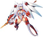  1girl armor blue_eyes bodysuit boots breasts cleavage dragon_tail earrings full_body hair_ornament head_wings jewelry large_breasts leotard long_hair original simple_background solo tail thigh-highs thigh_boots uchiu_kazuma weapon white_background white_hair wings 
