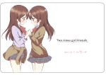  2_x_kanojo 2girls artist_name blue_eyes blush borrowed_character bow brown_hair clothes_around_waist commentary_request copyright_name dated face-to-face haduki_(2_x_kanojo) holding_hands jacket_around_waist long_hair looking_at_another multiple_girls sato_fuyuka school_uniform skirt smile ususa70 yuri 