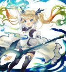  1girl :d arms_up bangs bike_shorts black_legwear blonde_hair blue_eyes blush bodystocking cowboy_shot crystal detached_sleeves diamond dress gradient_hair granblue_fantasy green_hair hair_ornament holding io_euclase leele_(maruet) long_hair long_sleeves magic multicolored_hair open_mouth orange_hair puffy_long_sleeves puffy_sleeves rainbow_hair redhead shorts_under_skirt simple_background smile solo staff thigh-highs twintails white_background white_dress zettai_ryouiki 