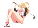  1girl absurdres blonde_hair breasts cleavage golf_club highres imperialred large_breasts legs looking_at_viewer open_mouth orange_eyes original simple_background smile solo thighs twintails white_background 