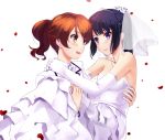  2girls bare_shoulders black_hair blush bridal_veil bride brown_eyes brown_hair carrying dress elbow_gloves formal gloves hibike!_euphonium highres kousaka_reina long_hair looking_at_another mizuki_ame multiple_girls oumae_kumiko princess_carry short_hair short_ponytail smile suit veil violet_eyes wavy_hair wedding wedding_dress yuri 