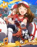  blush brown_hair character_name closed_eyes happy idolmaster idolmaster_million_live! jersey long_hair miyao_miya sky sports 