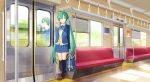  1girl ahoge bag black_legwear blazer bowtie full_body green_eyes green_hair hatsune_miku kari_kenji kneehighs loafers long_hair reflection school_uniform shoes skirt solo sweater_vest train twintails very_long_hair vocaloid 