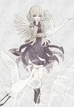  1girl aaaabo absurdres bird boots covering_mouth cross-laced_footwear grey_hair hand_over_own_mouth highres jacket kishin_sagume long_sleeves looking_at_viewer red_eyes shirt short_hair single_wing skirt solo standing swan touhou wings 