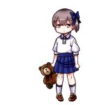  1girl alternate_costume bow casual hair_bow hair_ribbon holding kaga_(kantai_collection) kantai_collection looking_at_viewer pleated_skirt ribbon side_ponytail simple_background skirt solo stuffed_animal stuffed_toy teddy_bear white_background yokai younger 