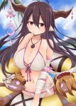  1girl akky_(akimi1127) antenna_hair bikini black_hair breasts danua granblue_fantasy highres horns jewelry large_breasts long_hair looking_at_viewer pointy_ears red_eyes solo swimsuit 