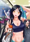  3girls absurdres alternate_costume arm_up bench black_hair blush breasts cleavage clownfish collarbone drying_hair exercise_machine fish_tank gatorade giving gloves gym_uniform highres indoors jiguang_zhi_ao_luola kantai_collection large_breasts long_hair looking_at_another looking_at_viewer looking_to_the_side motion_blur multiple_girls navel no_headwear nu-class_light_aircraft_carrier open_mouth orange_eyes poster_(object) pov_hands ri-class_heavy_cruiser ru-class_battleship shinkaisei-kan shoes short_hair smile solo_focus sweat towel tying_shoes white_gloves wo-class_aircraft_carrier 