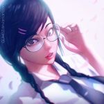  1girl black_hair braid glasses guweiz hair_ornament hair_over_shoulder hairclip lips long_hair looking_at_viewer necktie nose original portrait round_glasses solo twin_braids violet_eyes 