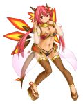  1girl armor bikini_armor breasts character_request cleavage demon_girl detached_sleeves detached_wings emil_chronicle_online full_body gorget hair_between_eyes horns kasuga_yukihito leggings long_hair low_twintails navel pink_eyes pink_hair salamander_alma sandals see-through showgirl_skirt smile solo tail thigh-highs toes twintails wings 