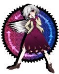  1girl dress harusame_(unmei_no_ikasumi) head_tilt jacket kishin_sagume looking_at_viewer open_clothes open_jacket purple_dress red_eyes silver_hair single_wing solo touhou uneven_eyes wings 