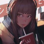  1girl bag brown_eyes brown_hair cup drinking_straw guweiz headphones lips long_hair nose original portrait school_uniform serafuku solo wcdonalds 