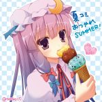  15_(tooka) 1girl bow checkered checkered_background crescent_hair_ornament double_bun eating food hair_bow hair_ornament hat heart ice_cream mob_cap patchouli_knowledge purple_hair solo touhou violet_eyes 