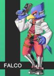  1boy beak belt bird bird_tail blue_eyes boots character_name falco_lombardi falcon furry gun jacket male_focus minamo25 solo star_fox super_smash_bros. weapon 