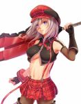  1girl alisa_ilinichina_amiella blue_eyes blush breasts cabbie_hat checkered checkered_skirt cowboy_shot emblem god_eater hat holding_weapon jasterrr lips looking_at_viewer midriff navel pantyhose parted_lips silver_hair skirt under_boob weapon wrist_cuffs 
