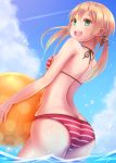  1girl ball beachball bikini blonde_hair breasts highres kantai_collection long_hair n@ss open_mouth partially_submerged prinz_eugen_(kantai_collection) smile solo striped striped_swimsuit swimsuit twintails wading 