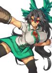  1girl arm_cannon black_hair black_legwear black_wings breasts cape convenient_censoring grin hair_ornament hair_ribbon large_breasts long_hair outstretched_arm red_eyes reiuji_utsuho ribbon shirt skirt smile solo temmasa22 thigh-highs third_eye touhou weapon wings 