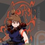  1girl :t aura beads brown_hair dougi fusion glowing glowing_eyes gouki jeffrey_cruz kill_la_kill mankanshoku_mako prayer_beads rope serious short_hair sleeveless solo street_fighter topknot upper_body 