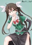  &gt;:d :d anti_(untea9) black_gloves blush brown_hair gloves green_background green_eyes hair_ribbon hand_on_own_chin kantai_collection open_mouth pelvic_curtain ribbon simple_background single_elbow_glove single_glove smile tone_(kantai_collection) twintails twitter_username 