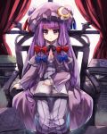  1girl :o absurdres armchair bei_mochi blush book bow breasts capelet chair cleavage crescent_hair_ornament curtains dress hair_bow hair_ornament hat hat_ribbon highres long_hair long_sleeves looking_at_viewer mob_cap neck_ribbon patchouli_knowledge purple_hair ribbon sitting sleeves_past_wrists solo striped striped_dress touhou vertical_stripes violet_eyes 