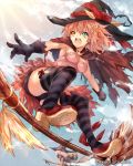  2girls blue_eyes broom broom_riding brown_hair flying gloves hair_ornament hat heterochromia highres madogawa multiple_girls official_art open_mouth solo_focus striped striped_legwear thigh-highs witch witch_hat yellow_eyes 