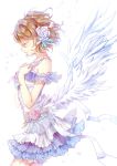  1girl angel angel_wings brown_hair closed_eyes dress flower from_side hair_flower hair_ornament hairpin hands_on_own_chest headset koizumi_hanayo layered_dress love_live!_school_idol_festival love_live!_school_idol_project luoye petals ribbon rose short_hair smile solo two_side_up white_rose wings 